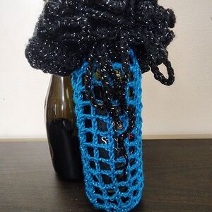 Metallic Black and Peacock Blue Handmade Crochet Bottle Holder